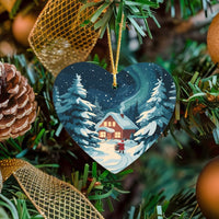 Northern Lights Winter Scene Ceramic Keepsake, Santa Snowy Cabin Heart Ornament, Holiday Christmas Tree Ornament, Winter Present