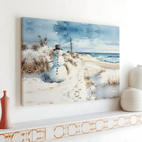 Watercolor Coastal Canvas Wall Art, Winter Beach Snowman Canvas Print, Tropical Holiday Canvas Art, Adorable Christmas Season Wall Decor Present