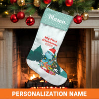 Dinosaur Santa Hat Christmas Stocking, Personalized Baby First Christmas Stocking, Adorable Dino Holiday Stocking, Baby First Xmas Keepsake Present