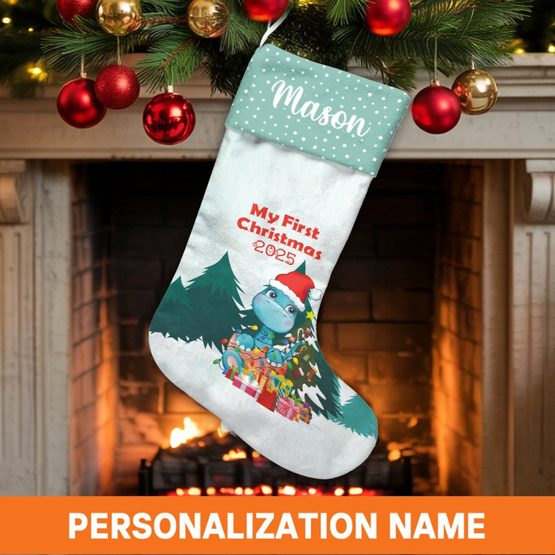 Dinosaur Santa Hat Christmas Stocking, Personalized Baby First Christmas Stocking, Adorable Dino Holiday Stocking, Baby First Xmas Keepsake Present