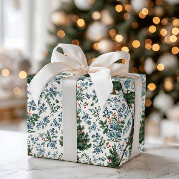 Blue and White Ginger Jar Holiday Gift Wrap, Chinoiserie Christmas Wrapping Paper, Floral Toile Christmas Wrap, Elegant Holid