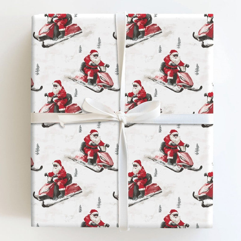 Watercolor Winter Gift Wrap, Santa Riding Red Snowmobile Wrapping Paper, Retro Holiday Wrapping Paper, Christmas Present Paper Roll