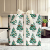 Flocked Tree Gift Wrap, Vintage Ceramic Christmas Tree Wrapping Paper, Nostalgic Retro Holiday Wrapping Paper, Festive Winter Present Paper
