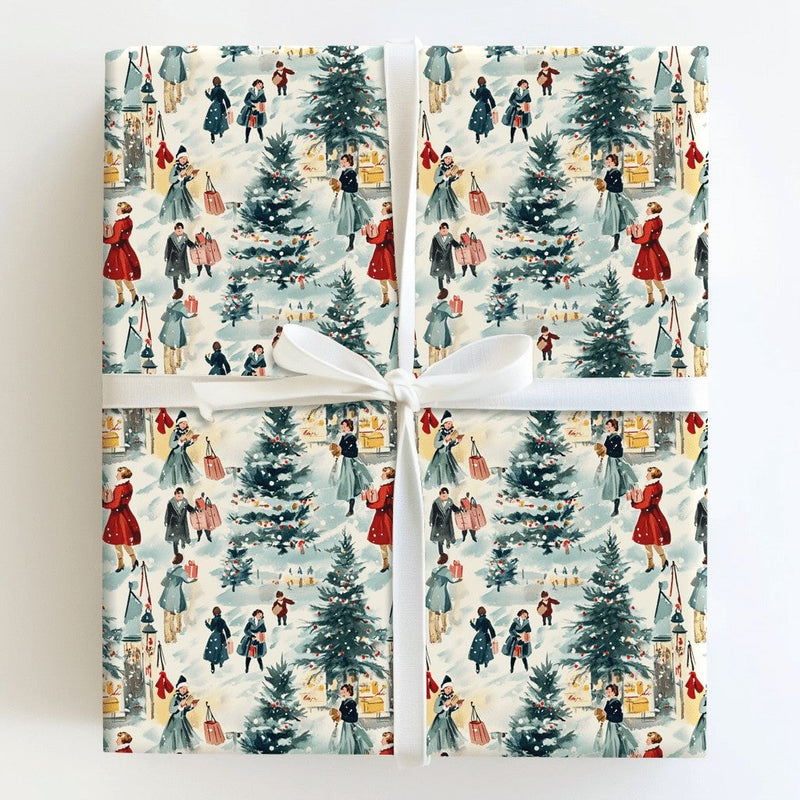 Nostalgic Holiday Gift Wrap, Vintage Winter Village Christmas Wrapping Paper, Retro Town Wrapping Paper, Festive Xmas Gift Wrap Roll
