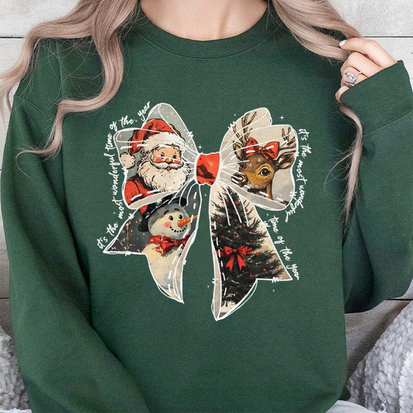 Vintage Holiday Sweatshirt, Christmas Bow Sweatshirt, Santa Reindeer Sweatshirt, Adorable Xmas Graphic Crewneck, Comfy Holida