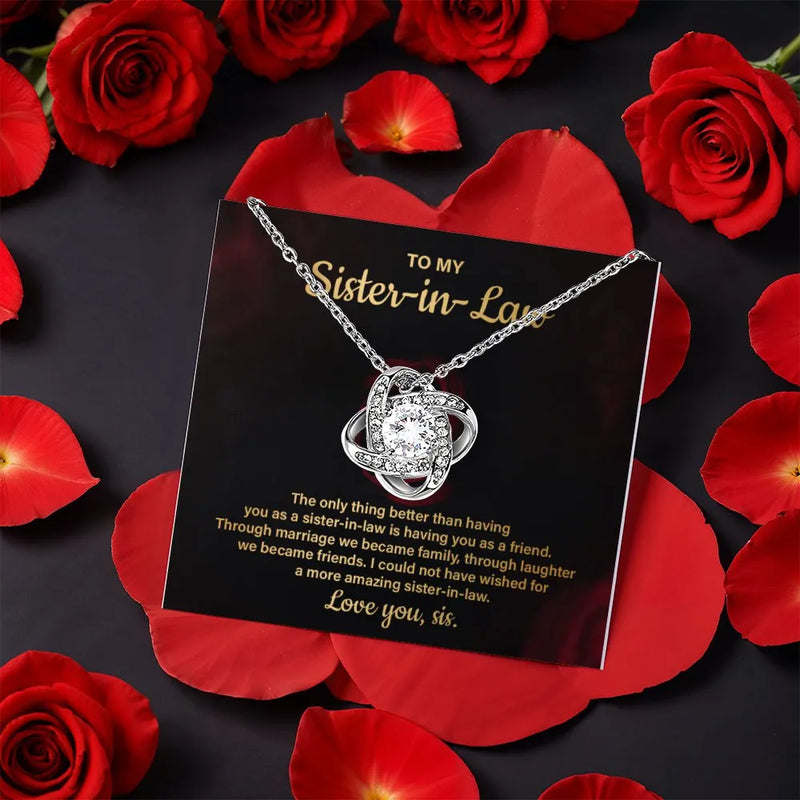 CZ Crystal Love Knot Pendant, Sister in Law Love Knot Necklace, Gold Finish Love Knot Necklace, Christmas Birthday Jewelry Present for Her