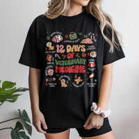 Humorous Vet Tech Christmas T-Shirt, 12 Days of Veterinary Medicine Shirt, Holiday Vet Staff Graphic Tee, Clinic Animal Doctor Xmas Shirt