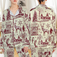 Deer Cabin Christmas Pajama Set, Winter Toile Satin Pajamas, Comfy Holiday Sleepwear, Rustic Forest Long Sleeve Pajama Set, Xmas Present for Her