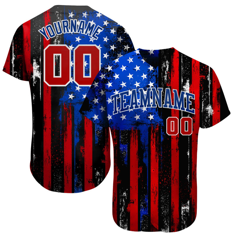 Custom Baseball Jersey - Black Red Royal-White 3D Distressed American Flag Authentic