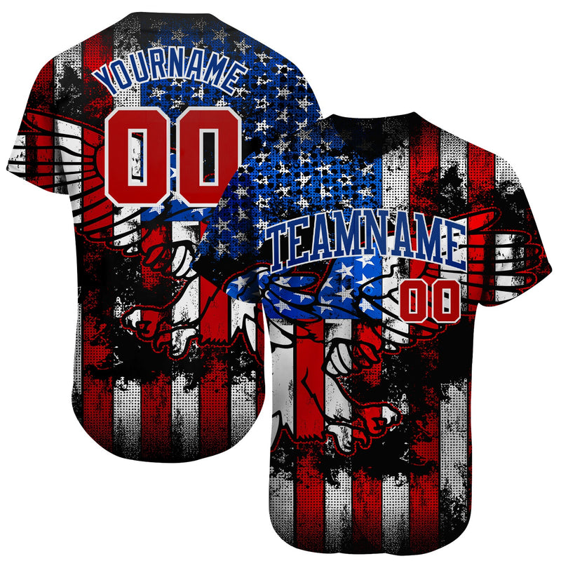 Custom Baseball Jersey - Black Red Royal-White 3D Eagle American Flag Authentic