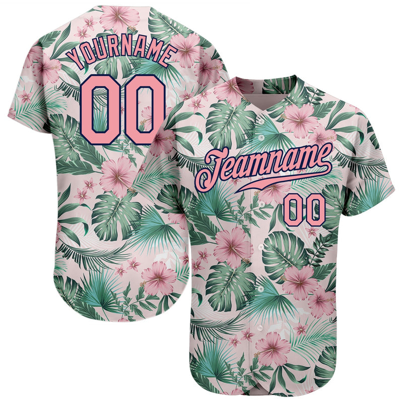 Custom Baseball Jersey - White Medium Pink-Navy 3D Pattern Design Hawaii Palm Leaves And Flowers Authentic