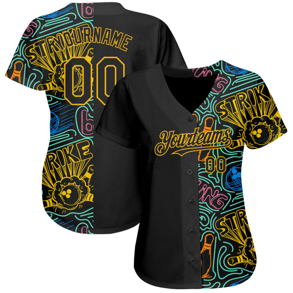 Custom Baseball Jersey - Black Gold 3D Pattern Design Bowling Authentic