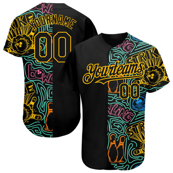 Custom Baseball Jersey - Black Gold 3D Pattern Design Bowling Authentic