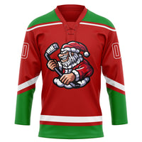 Custom Hockey Jersey - Red Grass Green-White Christmas Santa Claus 3D Lace Neck