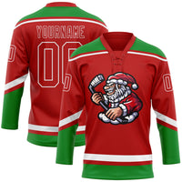 Custom Hockey Jersey - Red Grass Green-White Christmas Santa Claus 3D Lace Neck