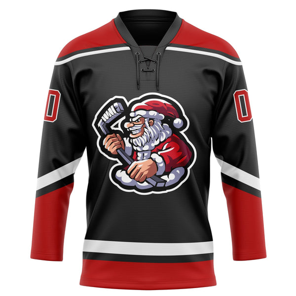 Custom Hockey Jersey - Black Red-White Christmas Santa Claus 3D Lace Neck