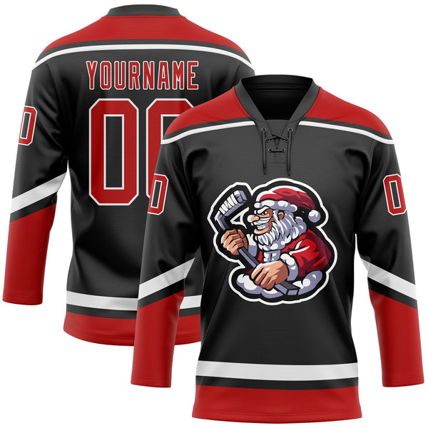 Custom Hockey Jersey - Black Red-White Christmas Santa Claus 3D Lace Neck
