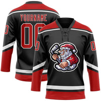 Custom Hockey Jersey - Black Red-White Christmas Santa Claus 3D Lace Neck