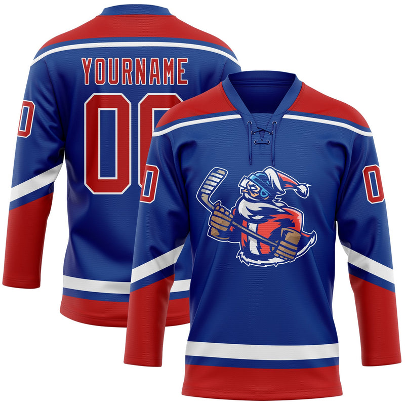 Custom Hockey Jersey - Royal Red-White Christmas Santa Claus 3D Lace Neck