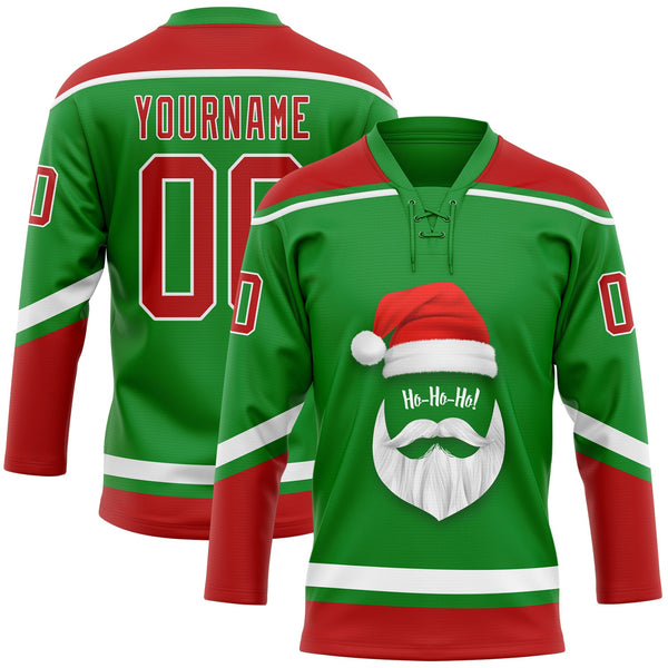 Custom Hockey Jersey - Grass Green Red-White Christmas Santa Claus 3D Lace Neck