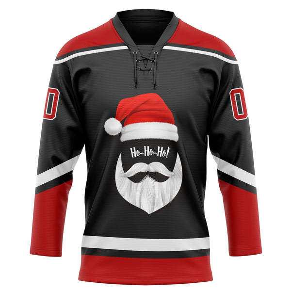 Custom Hockey Jersey - Black Red-White Christmas Santa Claus 3D Lace Neck