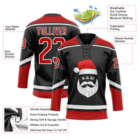 Custom Hockey Jersey - Black Red-White Christmas Santa Claus 3D Lace Neck