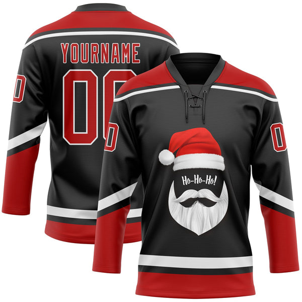 Custom Hockey Jersey - Black Red-White Christmas Santa Claus 3D Lace Neck
