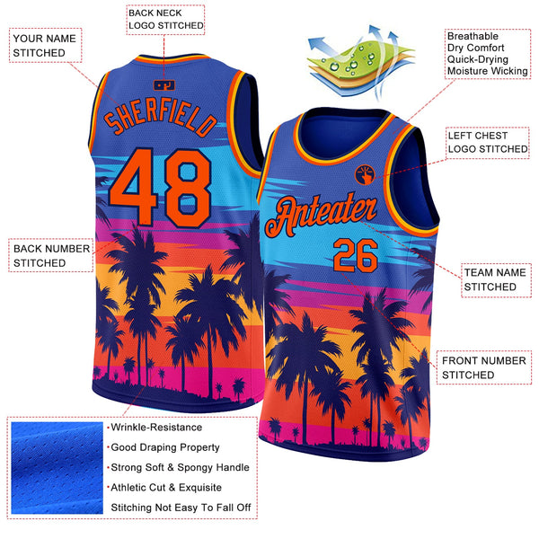 Custom Basketball Jersey - Royal Orange-Navy 3D Pattern Tropical Hawaii Palm Trees Authentic