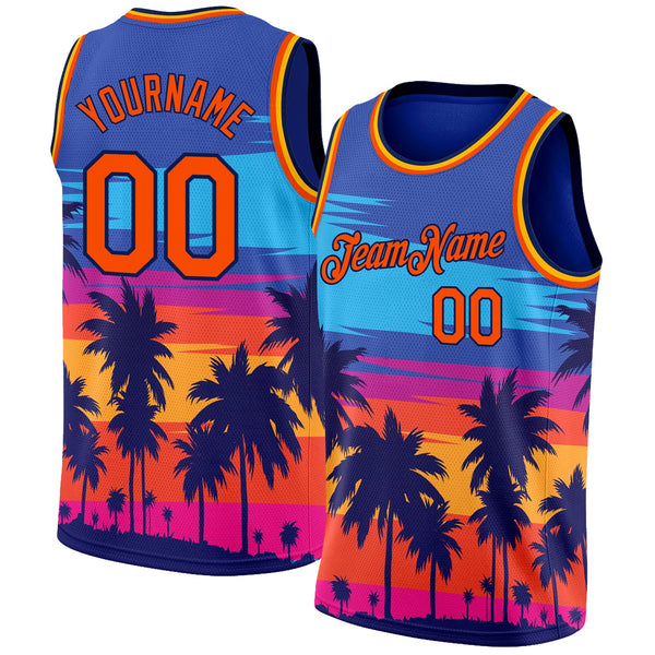 Custom Basketball Jersey - Royal Orange-Navy 3D Pattern Tropical Hawaii Palm Trees Authentic