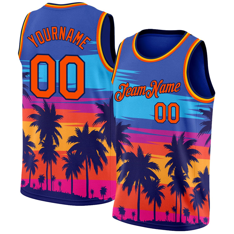 Custom Basketball Jersey - Royal Orange-Navy 3D Pattern Tropical Hawaii Palm Trees Authentic