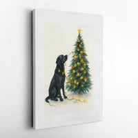 Holiday Dog Lights Canvas Print, Black Labrador Christmas Canvas Wall Art, Watercolor Lab Decor, Dog Lover Xmas Wall Decor