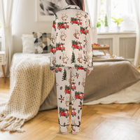Holiday Mug Print Pajamas, Red Truck Christmas Pajama Set, Winter Festive Satin Pajamas, Comfy Xmas Loungewear Sleep Set, Present for Women