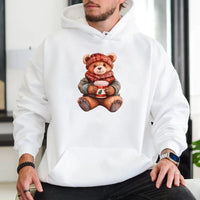 Adorable Holiday Coffee Teddy Hooded Sweatshirt, Christmas Bear Hoodie, Comfy Winter Bear Hoodie, Festive Teddy Bear Sweatshirt