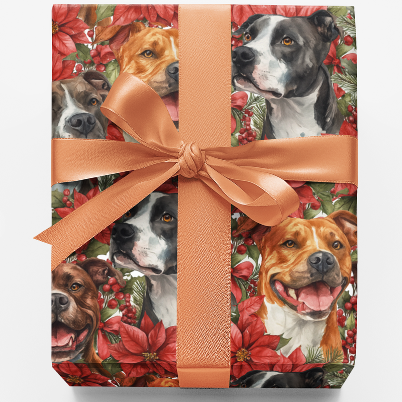 Festive Poinsettia Dog Gift Wrap, Amstaff Christmas Wrapping Paper, Staffy Holiday Wrapping Paper, Pet Lover Xmas Gift Wrap Roll, Dog Wrap