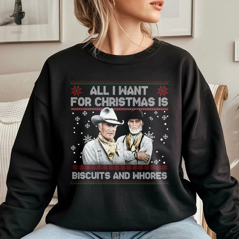 Humorous Western Christmas Sweatshirt, Biscuits and Whores Sweatshirt, Retro Cowboy Holiday Crewneck, Rude Xmas Sweater, Country Western Present
