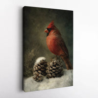 Snowy Pinecone Winter Canvas Print, Red Cardinal Canvas Wall Art, Rustic Bird Nature Art Canvas, Christmas Holiday Wall Decor