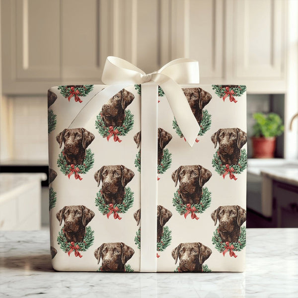Dog Holiday Wreath Gift Wrap, Chocolate Labrador Christmas Wrapping Paper, Adorable Lab Puppy Christmas Wrapping Paper, Dog L