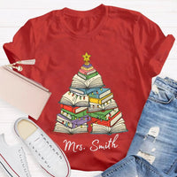 Personalized Holiday Shirt, Custom Christmas Trees and Books T-Shirt, Comfy Book Lover Xmas Graphic Tee, Custom Name Christmas Present Tee