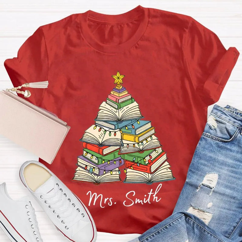 Personalized Holiday Shirt, Custom Christmas Trees and Books T-Shirt, Comfy Book Lover Xmas Graphic Tee, Custom Name Christmas Present Tee