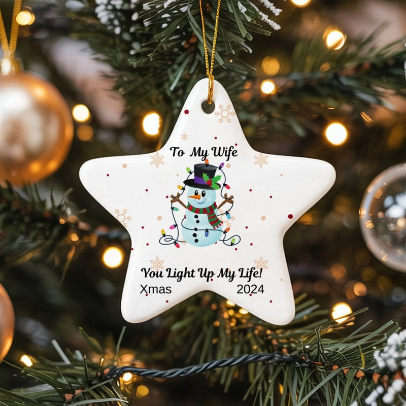 Wife Christmas Ornament, To My Wife Snowman Star Ornament, Light Up My Life Star Ornament, Romantic Ceramic Keepsake Present for Her