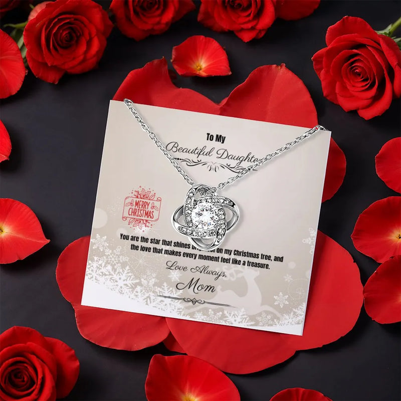 Christmas Message Card Necklace, Daughter Love Knot Necklace, CZ Crystal Love Knot Pendant, Holiday Present for Daughter from Mom