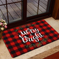 Buffalo Plaid Welcome Mat, Merry and Bright Wreath Christmas Doormat, Holiday Front Door Mat, Winter Porch Entry Rug, Xmas Home Decor