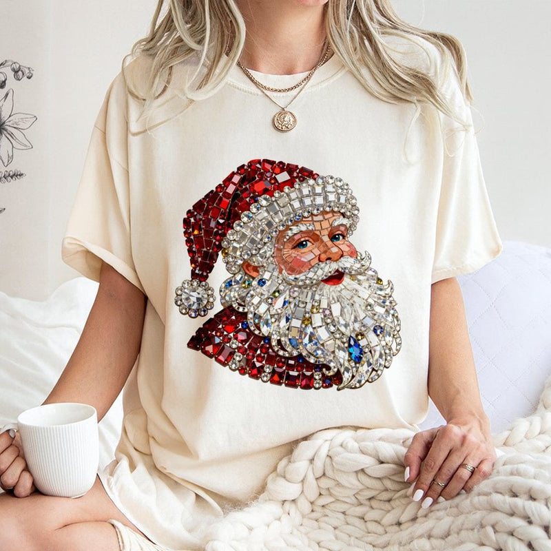 Mosaic Rhinestone Graphic Shirt, Sparkle Santa T-Shirt, Faux Glitter Christmas Tee, Festive Holiday Season Graphic T-Shirt Her