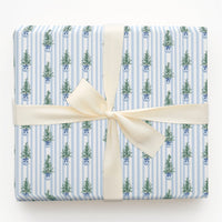 Blue and White Topiary Gift Wrap, Chinoiserie Christmas Tree Wrapping Paper, Grandmillennial Wrapping Paper, Holiday Striped Wrapping Paper