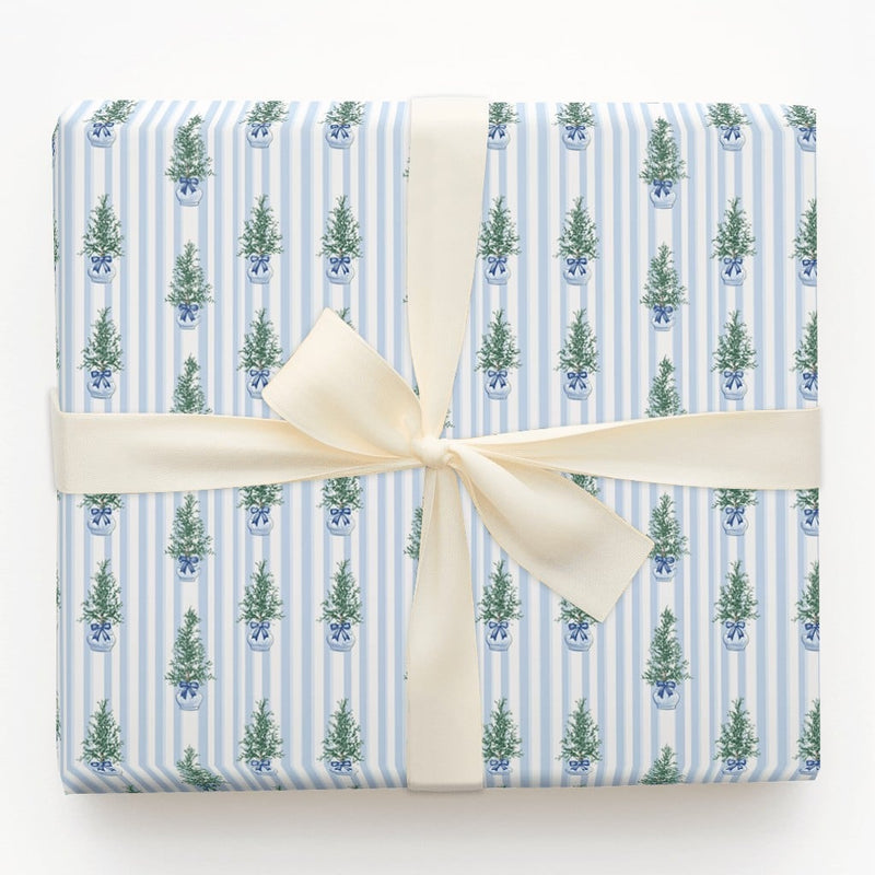 Blue and White Topiary Gift Wrap, Chinoiserie Christmas Tree Wrapping Paper, Grandmillennial Wrapping Paper, Holiday Striped Wrapping Paper