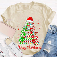 Festive Merry Tree Graphic Tee, Christmas Candy Tree T-Shirt, Holiday Candy Cane Christmas Shirt, Adorable Winter Apparel, Christmas Present