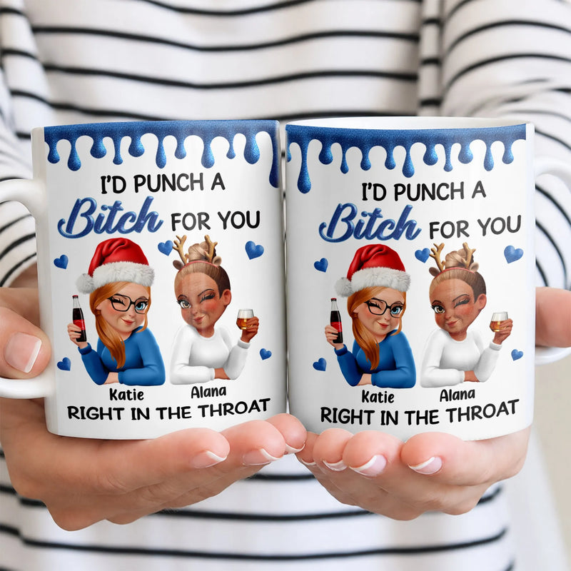 Humorous Cartoon Besties Holiday Ceramic Mug, Punch a Bitch for You Christmas Mug, Custom BFF Coffee Cup, Soul Sister Xmas Present Coffee Mug