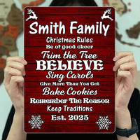 Custom Holiday Family Metal Sign, Personalized Christmas Rules Metal Sign, Winter Farmhouse Decor, Xmas Living Room Art
