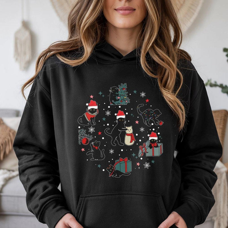 Festive Santa Hat Cat Hoodie, Christmas Black Cat Hoodie, Adorable Kitten Holiday Hoodie, Retro Spooky Xmas Sweatshirt, Present for Cat Lovers