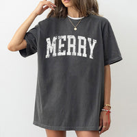 Distressed Varsity Lettering Holiday Graphic Tee, Merry Christmas T-Shirt, Retro Winter Christmas Shirt, Xmas Family Present